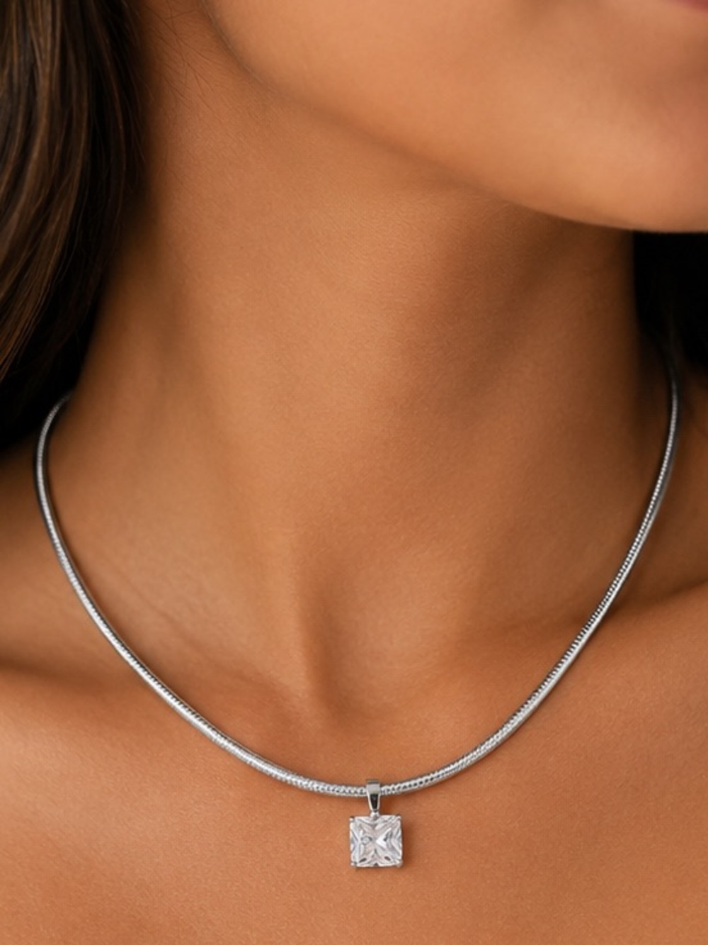Silver Tennis Chain Necklace with Square CZ Pendant - Women Jewelry